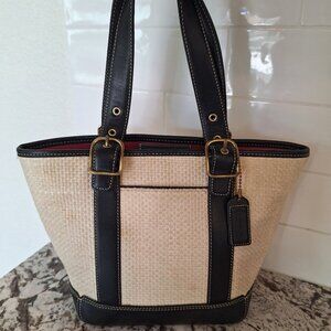 Coach Cream and Black Tote Bag with Leather Trim